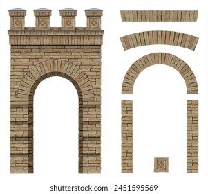 Vintage arcade of the masonry. Wall and facade of the old brick. Vector graphics set