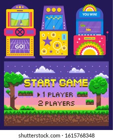 Vintage arcades, colorful retro game machines with car racing and rocket launching. Cartoon pixel art nature scene. Start game on screen, vector illustration. Pixelated video-game. Old school games