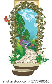 Vintage Arch Shaped Gate In The Secret Garden Illustration.