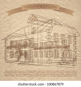 Vintage architectural background. Part of architectural project, architectural plan, technical project, drawing technical letters, architect at work, Architecture planning on paper, construction plan