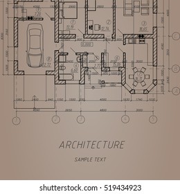Vintage architectural background. Vector blueprint. Detailed floor plan suburban house.