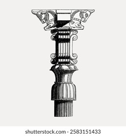 Vintage architectural column illustration with ornate details. Column features intricate designs, classic column style, and detailed vintage artistry. Vintage roman illustration vector.