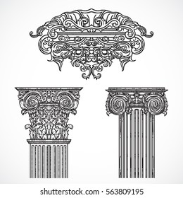 Vintage architectural details design elements. Antique baroque classic style column and cartouche in engraving style. Hand drawn vector illustration 