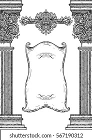 Vintage architectural details design elements. Antique baroque classic style column and cartouche. Hand drawn vector illustration
