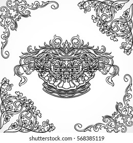 Vintage architectural details design elements. Antique baroque classic style border and cartouche in engraving style. Hand drawn vector illustration