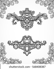 Vintage architectural details design elements. Antique baroque classic style border and cartouche in engraving style. Hand drawn vector illustration