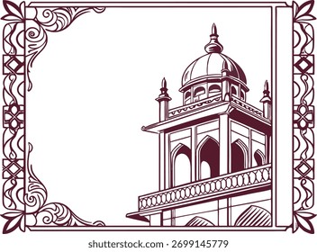 Vintage Architectural Frame Design Featuring Mughal Dome and Ornamental Border, Classic Historical Illustration for Art and Decor