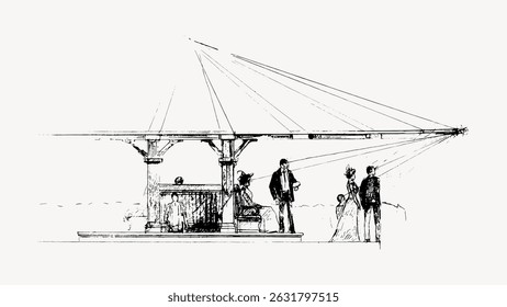 Vintage architectural sketch of a pavilion with people. The drawing shows a classic design with a roof and columns. People are gathered around the pavilion. Vintage art illustration vector.