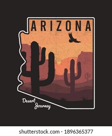 Vintage Arizona t-shirt design with cactus, mountain, eagle and Arizona State map. Typography graphics for tee shirt, retro print with slogan and grunge. Vector illustration.