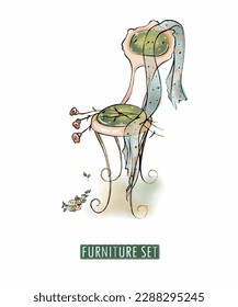 Vintage armchair with flowers . Furniture for creating a cozy home.Vector. Pastel colors, watercolor style. Accessories for hobbies and gardening.