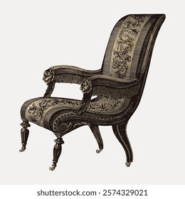 Vintage armchair with ornate patterns, intricate design, and elegant curves. The armchair features detailed carvings and classic upholstery, exuding vintage charm. Vintage vector element.