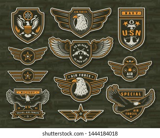 Vintage armed forces insignias and badges of different shapes with eagles stars anchor crossed sniper rifles on military weapons background isolated vector illustration