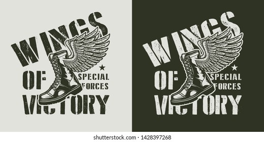 Vintage army monochrome badge with military winged boot isolated vector illustration