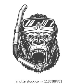 Vintage arrogant gorilla diver with scuba mask and snorkel in monochrome style isolated vector illustration