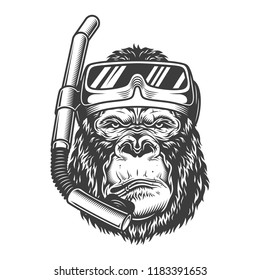 Vintage arrogant gorilla diver with scuba mask and snorkel in monochrome style isolated vector illustration