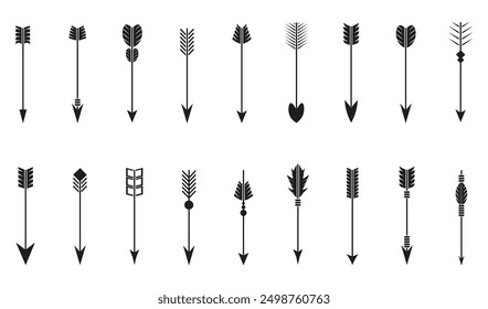 Vintage arrow icon element collection for design. Set of black arrow icons. Retro bow arrow element for decoration
