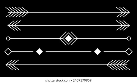 Conjunto de flecha de época, divisores, elementos de diseño decorativo con formas geométricas aisladas en fondo negro. Ilustración vectorial.