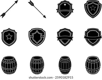 Vintage Arrow, Shield and Barrel Icons Black and White Design Elements