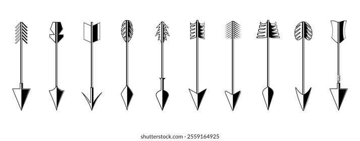 Vintage arrow weapon element collection for design. Set of black arrow icons. Retro bow arrow element for decoration