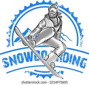 Vintage art badge snowboarding epic jump mountain downhill ski route vector illustration