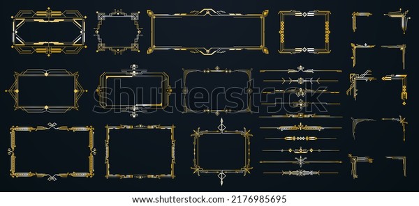 Vintage Art Deco border frames are isolated\
on a black background. Creative elegant dividers and frames for\
luxury or premium design. Vector\
illustration