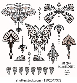 Vintage Art Deco Butterfly and Jewel Vector Motif Set. Stylised 1920s style Geometric  Design Element. Hand Drawn Ornate Classic Wings, Flourish, Filigree Graphic Ornamental Flourish Clip Art. Eps 10