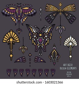 Vintage art deco butterfly and jewel vector motif set. Stylised 1920s style geometric design element. Hand drawn ornate classic wings. Flourish Filigree luxe graphic ornamental clip art set, isolated
