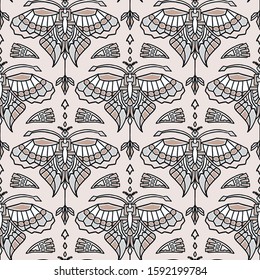 Vintage Art Deco Butterfly Vector Seamless Pattern. Stylised 1920s style Geometric Moth Bug Damask Background. Hand Drawn Ornate Classic Wings Textile. Ornamental Flourish All Over Print Eps 10