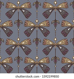 Vintage Art Deco Butterfly Vector Seamless Pattern. Stylised Gold 1920s style Geometric Moth Bug Damask Background. Hand Drawn Ornate Classic Wings Textile. Ornamental Flourish All Over Print Eps 10