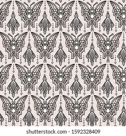 Vintage Art Deco Butterfly Vector Seamless Pattern. Stylised 1920s style Geometric Moth Bug Damask Background. Hand Drawn Ornate Classic Wings Textile. Ornamental Flourish All Over Print Eps 10