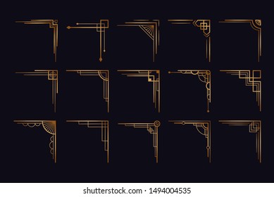 Vintage art deco corner set. Vector golden geometric template in style of 1920s, artdeco corners for borders and frames