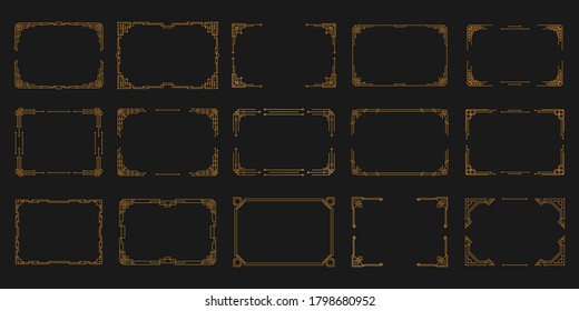 Vintage art deco corner set. Golden geometric template in style of 1920s, artdeco corners for borders and frames. Invitation, greeting swirl elements, baroque ink artwork. Vector illustration,
