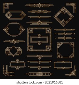 Vintage art deco frames. Arts element, geometric artful frame. Border graphics design, ornamental dividers. Gold antique corners tidy vector set