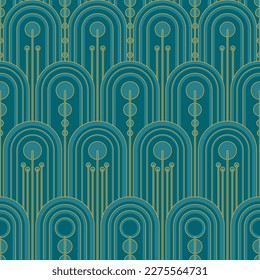 Vintage Art Deco Geometric Design With Teal Arches And Godden Line Details.