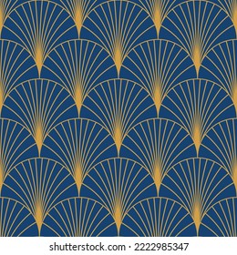 Vintage art deco golden fan seamless pattern on dark blue background. For wallpaper, home décor and fabric