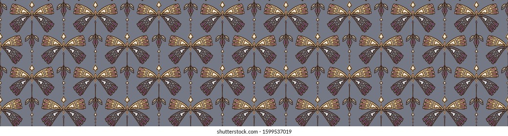 Vintage art deco jewel motif banner. Vector seamless border pattern. Stylised 1920s style geometric flourish damask background. Hand drawn ornate classic decor ribbon trim edge. Ornamental flourish.