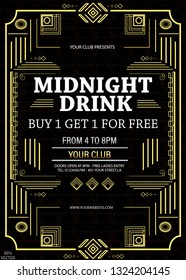 Vintage art deco luxury party invitation design template with gold geometric ornament on a black background. Vintage invitation template design for drink list, bar menu,  event, thematic wedding.