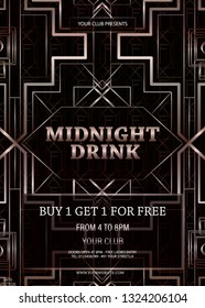 Vintage art deco luxury party invitation design template with gold geometric ornament on a black background. Vintage invitation template design for drink list, bar menu, glamour event.