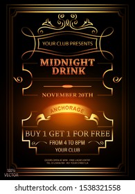 Vintage art deco luxury party invitation design template with gold geometric ornament on a black background. Vintage invitation template design for drink list, bar menu,  event, thematic wedding.