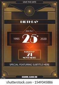 Vintage art deco luxury party invitation design template with gold geometric ornament on a black background. Vintage invitation template design for drink list, bar menu,  event, thematic wedding.