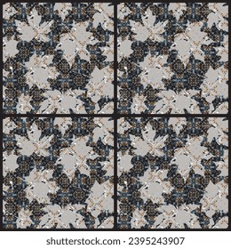  vintage art deco motifs geometric floral distressed seamless Vector damask illustration with leaves. Decorative botanical background design or print, rug, home textile fashionable trends colors