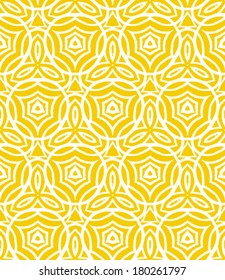 Vintage art deco pattern with curved lines, forms and shapes that creates a crochet look on yellow. Texture for print, wallpaper; wedding invitation background; spring, summer fashion; fabric, textile