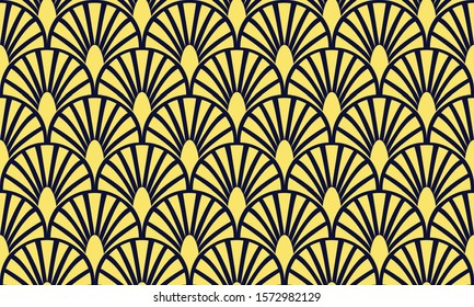 Vintage Art Deco Seamless Pattern. Retro Elegant Background. Gold Fan Wallpaper. Illustration