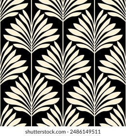 Vintage Art Deco Seamless Pattern. Geometric decorative with leaf texture. Retro background. Black background. Beige leaf. Wallpaper 