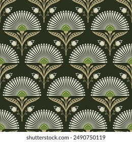 Vintage Art Deco Seamless Pattern. Flower decorative. Retro background. Dark background. Abstract elements. Beige, black, green