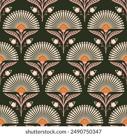 Patrón sin costuras Antiguas Art Deco. Flor decorativa. Fondo retro. Fondo oscuro. Elementos Abstractas. Naranja, rosa, beige, negro