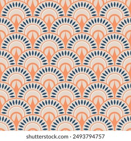 Patrón sin costuras Antiguas Art Deco. Decorativo geométrico con textura de círculos. Fondo retro. Fondo beige. Naranja y azul