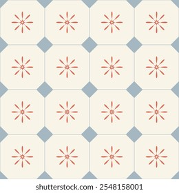 Vintage Art Deco padrão sem emenda. Geométrico decorativo com elementos abstratos. Fundo retrô. Fundo azul e branco. Elementos vermelhos