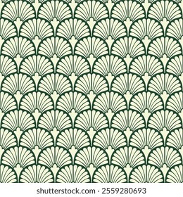 Vintage Art Deco Seamless Pattern. Geometric decorative with leaf texture. Retro background. Green background. Beige leaf. Wallpaper