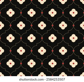 Vintage Art Deco Seamless Pattern. Geometric decorative with abstract elements. Retro background. Black background with red and beige elements. Wallpaper.